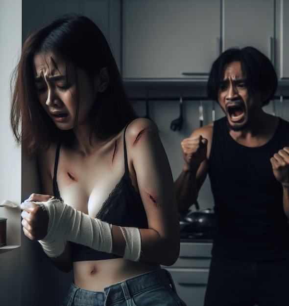 Photo hurt woman hide as out of violent control man scream punch abuse domestic violence scene concept