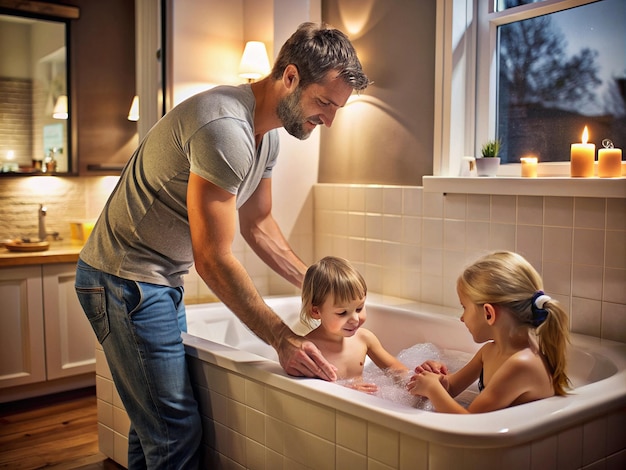 Photo the husband helps his wife by giving the kids a bath before bedtime