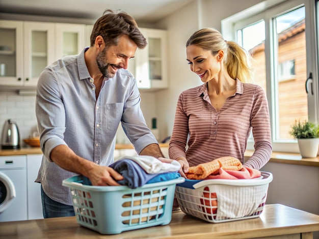 Photo the husband helps his wife fold laundry and put it away