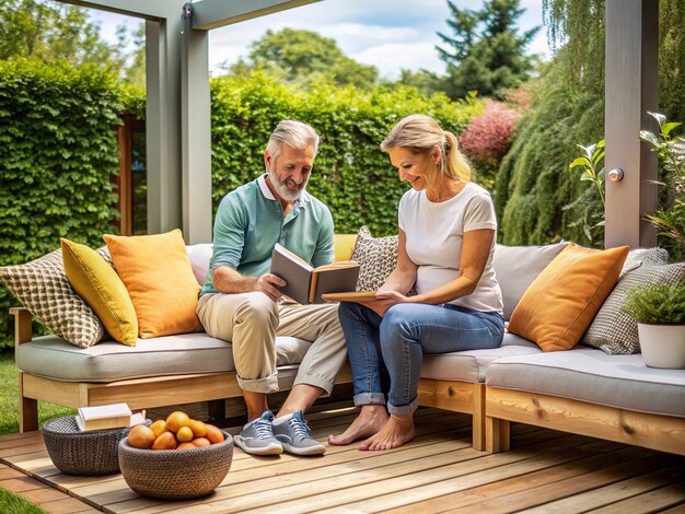 Photo the husband helps his wife set up a cozy reading nook with outdoor seating and cushions