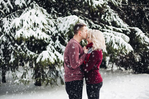 눈이 내리는 숲 사이에서 아내에게 키스하는 남편.