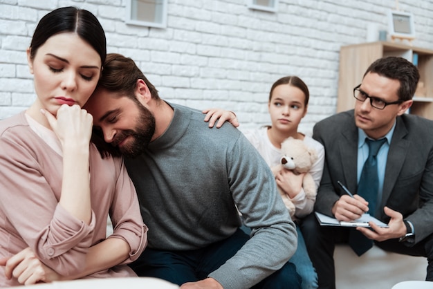 Husband Lie on Woman Shoulder Psychologist Office