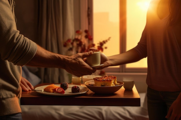 사랑하는 남편이 아내에게 아침을 가져다준다.