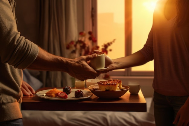 A husband in love brings his wife breakfast