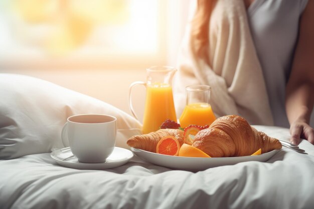 Photo a husband in love brings his wife breakfast