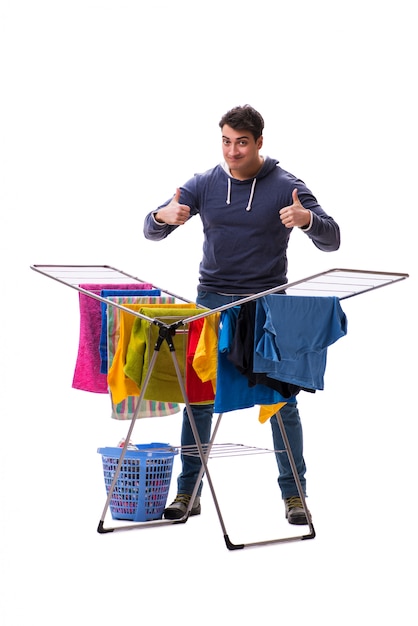 Husband man doing laundry isolated