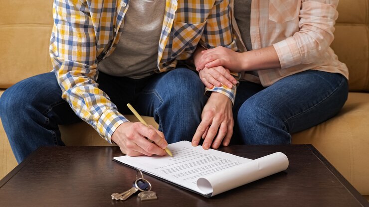 फोटो husband signs apartment purchase contract near wife on sofa