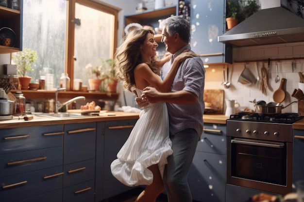 Husband and wife dancing at kitchen room at home Generative AI