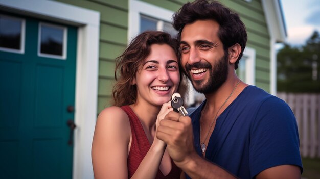 Husband and wife got the key of their first house at outside