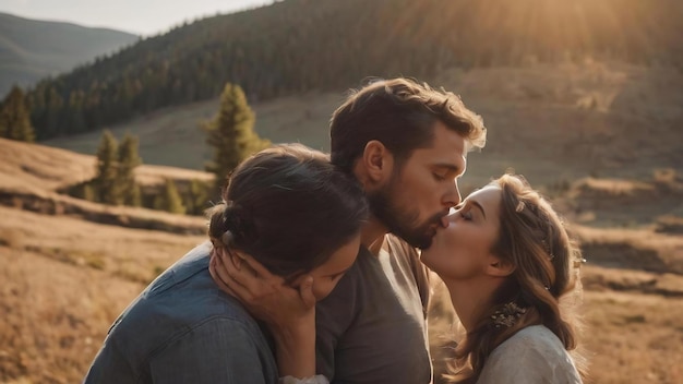 Husband and wife kissing with children on shoulders