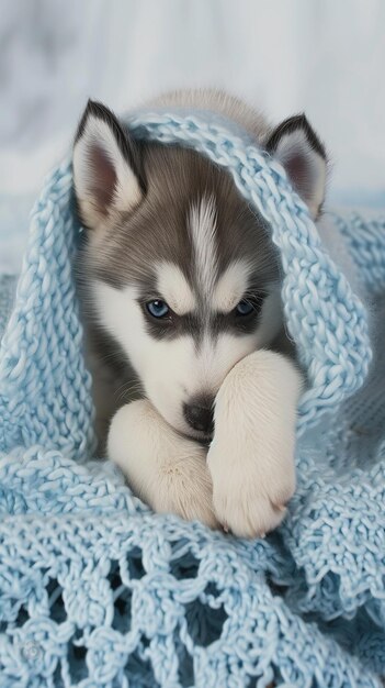 Photo husky dog in a blue blanket