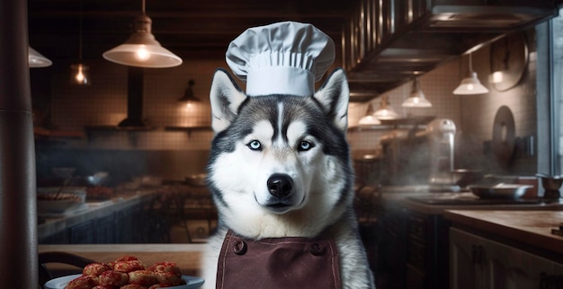 A husky dog in a chef's hat in a restaurant kitchen Generated AI