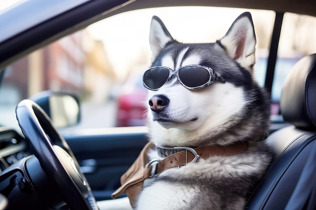 Husky dog driving a car capturing the adventure of travelling Idea for travelling with pets