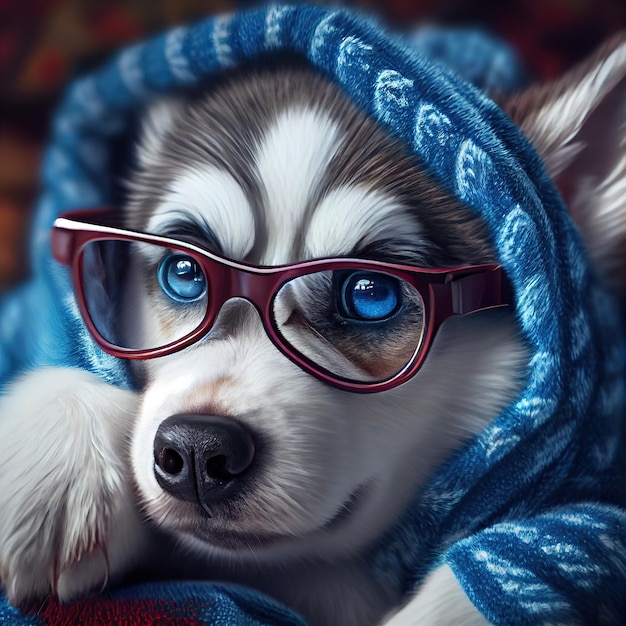 毛布の下のメガネをかけたハスキー犬 Generative AI