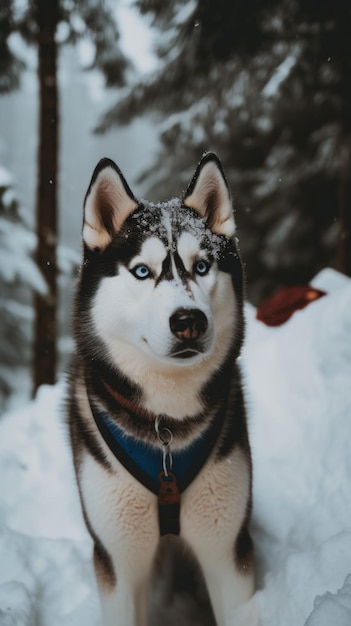 A husky dog is standing in the snow generative ai image