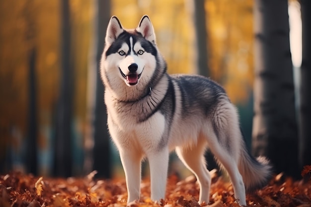 Собака хаски на естественном фоне Собака на прогулке в парке Сгенерировано AI