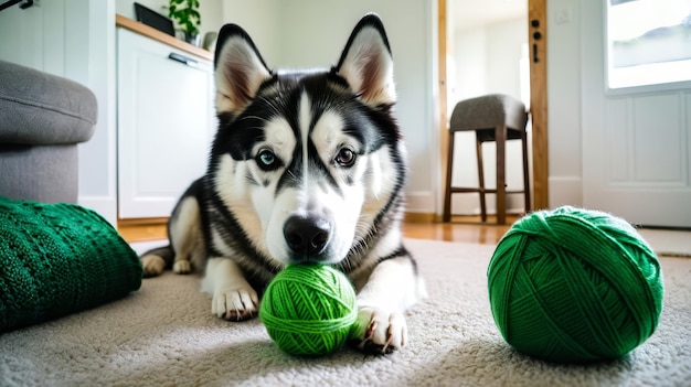 Photo husky dog playing with ball of yarn