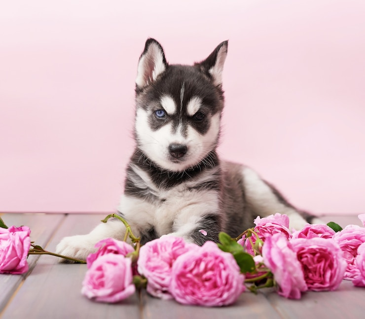 Фотография щенок хаски и розовые розы.