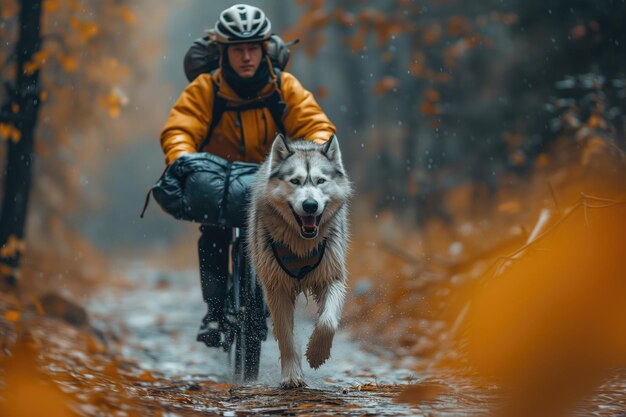 Foto il cane husky corre con un ciclista in tour