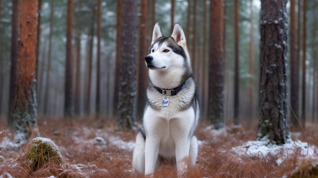 Foto un cane husky siede nel bosco con un'etichetta che dice 