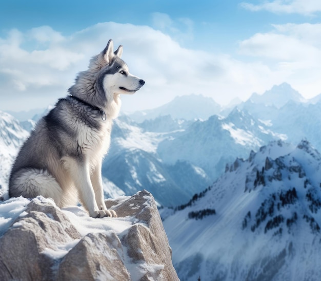 Husky dog sitting on the rock in winter mountains