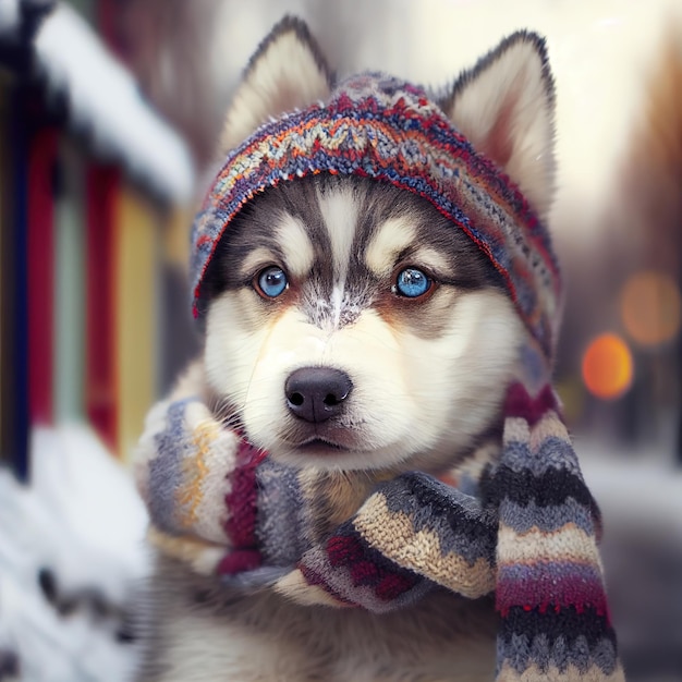 Собака хаски сидит на зимней улице маленького городка Генеративный ИИ