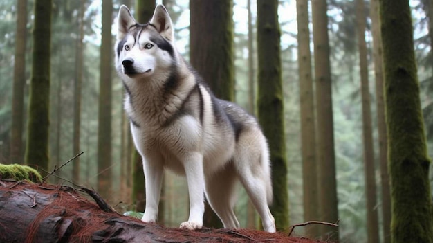 A husky dog stands on a fallen tree in the forest