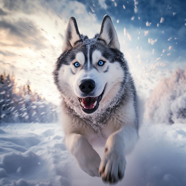 a husky dog that is running in the snow.