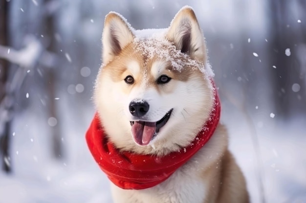 A husky dog wear a scarf with snow fall