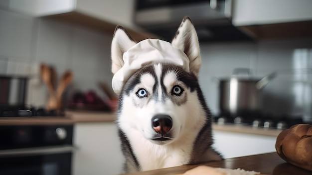 A husky dog wearing a hat sits at a counter in a kitchen.