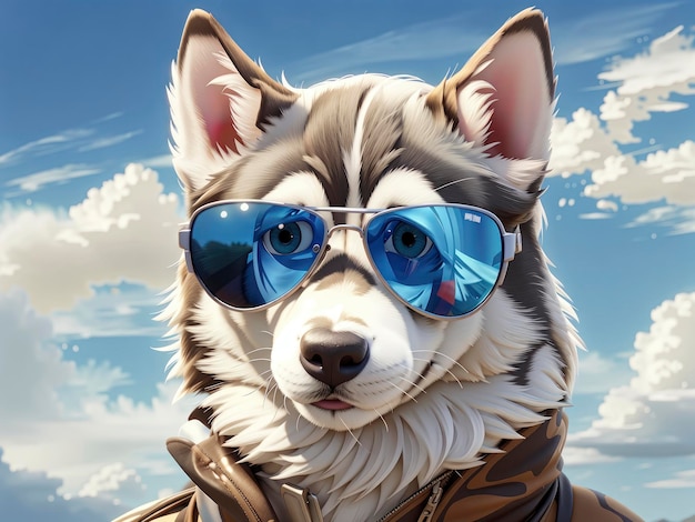 晴れた日に雲を背景にサングラスとジャケットを着たハスキー犬
