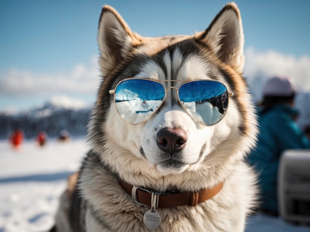 Foto un cane husky che indossa occhiali da sole in una giornata nevosa con persone sullo sfondo