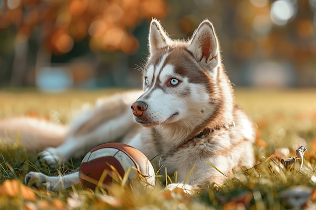 a husky dog with a ball in the grass with a ball in his mouth