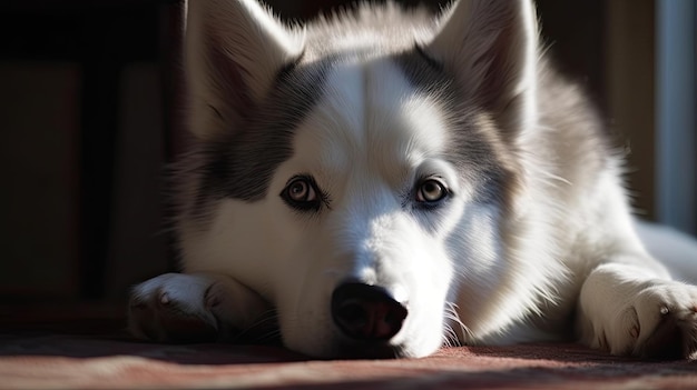 黒い鼻と茶色の目を持つハスキー犬が床に横たわっています。