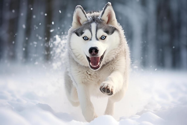 青い目のハスキー犬が雪の中を走っています。