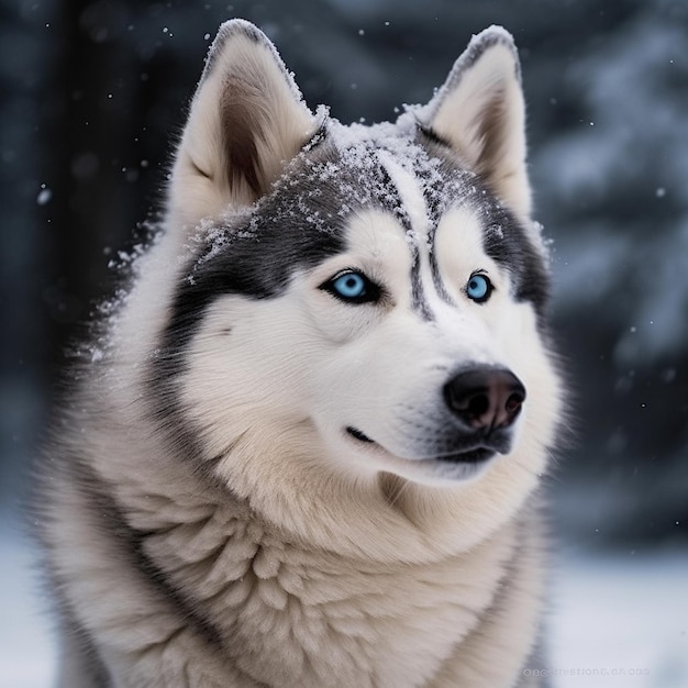 a husky dog with blue eyes and a snow on its face.