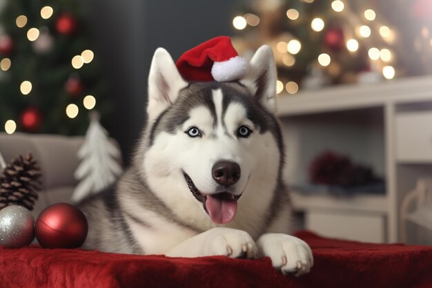 クリスマスのリビング ルームでクリスマス帽子をかぶったハスキー犬