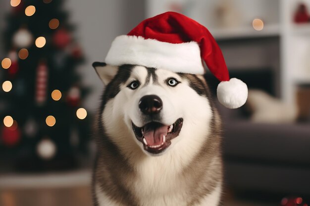 Husky dog with a christmas hat in a christmas living room