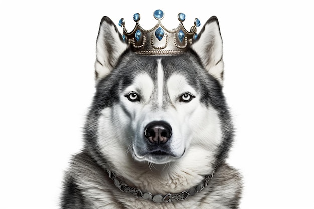 Husky dog with a crown front view white background Generative AI