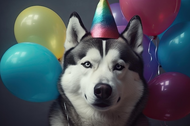 A husky dog with hats and balloons in the style of photorealistic pastiche photorealistic Generative AI