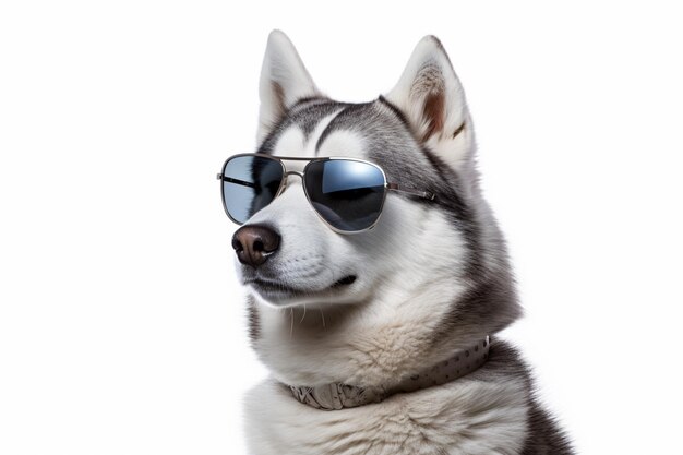 Photo husky dog with sunglasses white background generative ai