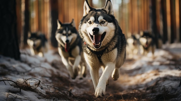 写真 ハスキー犬が馬車を引っ張っている