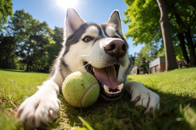 Husky hond geniet van het spelen van tennisbal in het groene park