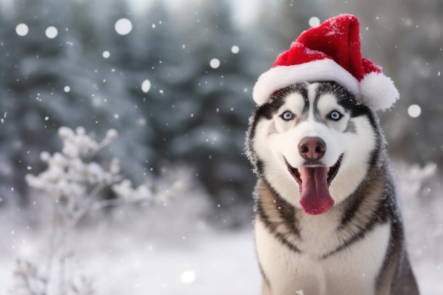 Husky hond in kerstman hoed poseren buitenshuis ai generatief