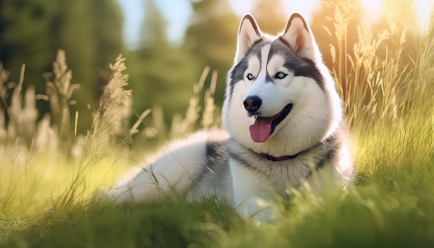 Husky hond loopt in de weide in de zomer bij zonsondergang