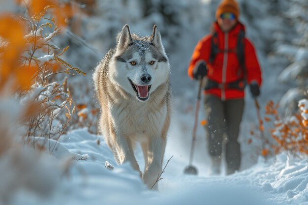 Foto husky hond loopt met een skiër op een wandeling