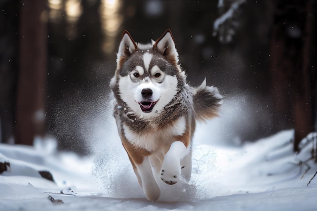 Husky sled dog running through snowy forest with its furry coat and feathery tail visible