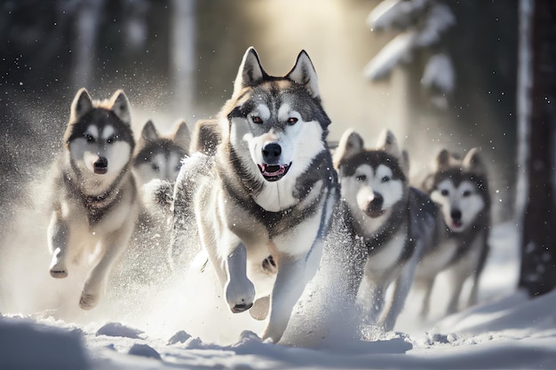 Husky sled dog team running through snowy forest