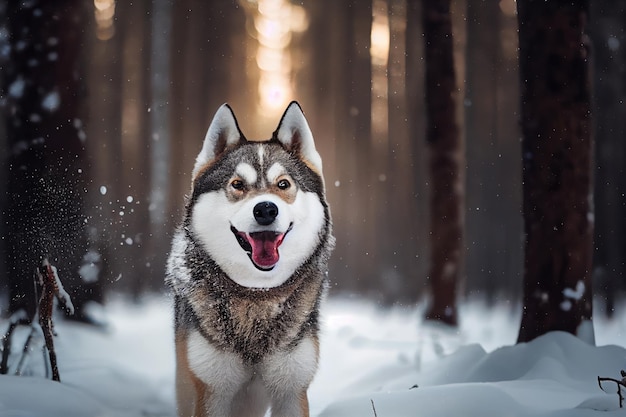 Husky sled dog with its tongue hanging out while running through snowy forest