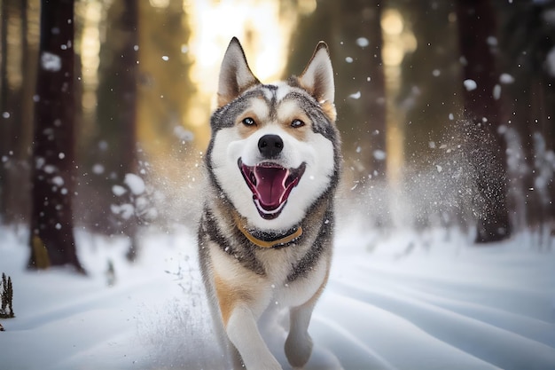 Husky sled dog with its tongue hanging out while running through snowy forest